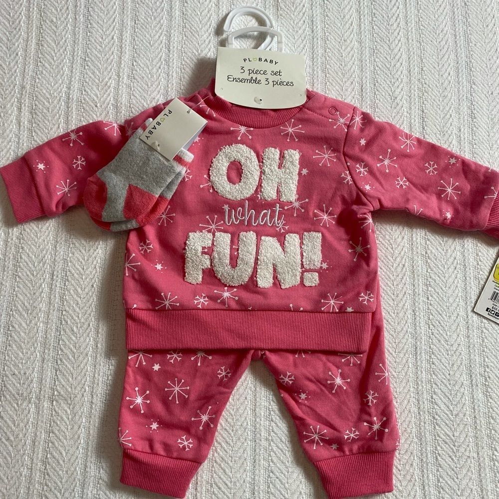 PL BABY Girl 3 Months 3 Piece OH WHAT FUN! Embroidered Long Sleeve Top Set